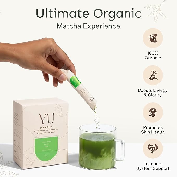 Yu Tea Organic Ceremonial Grade Matcha Powder, Instant Packets | Packed with Antioxidants, L-Theanine & Natural Caffeine | Unsweetened Grade A Japanese Matcha Powder | Single Serve Sticks, 30 Ct