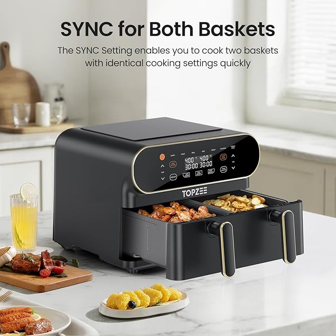TOPZEE 11-QT Large Air Fryer, 8-in-1 XL Airfryer with Flex Basket, Divider for Dual Cooking, Preheat Air Fry, Roast, Broil, Bake, Reheat, Dehydrate, French Fries Dishwasher Safe, w/Gold Border