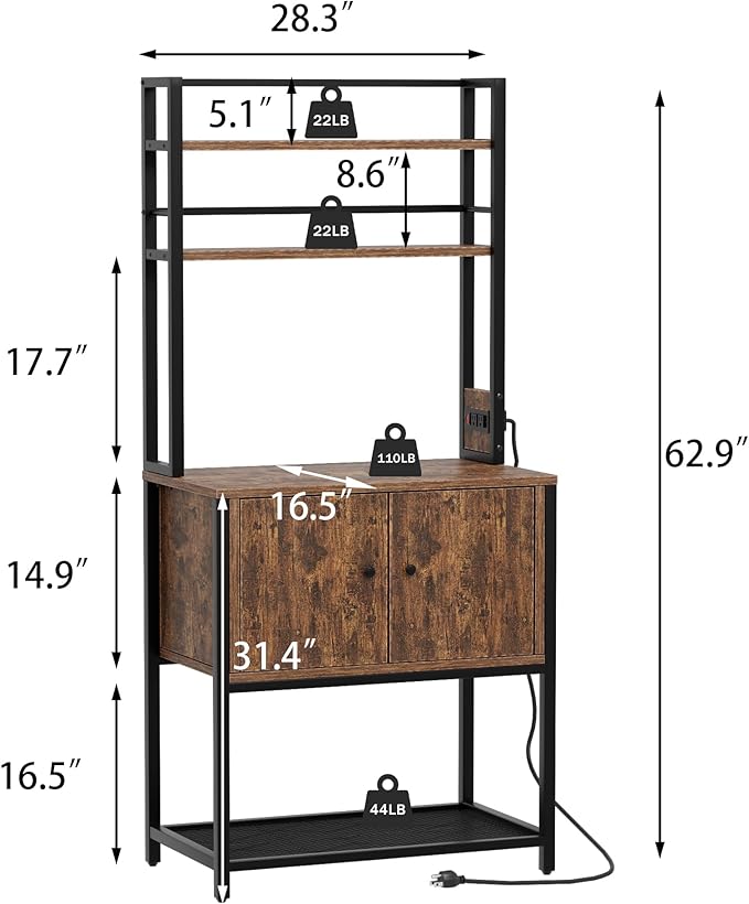 Kitchen Bakers Rack with Power Outlet, 5 Tiers Coffee Bar Table with Storage Cabinet, Microwave Oven Stand Kitchen Storage Shelf Rack for Spices, Pots and Pans (Rustic Brown)