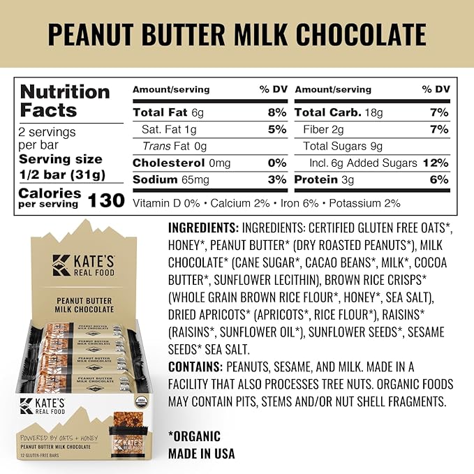 Kate’s Real Food Organic Granola Bars - Peanut Butter Milk Chocolate (2.2 oz, Pack of 12) Organic Energy Bars with Gluten Free Oats - Non GMO, Soy Free, Whole Grains, and All Natural - Healthy Snacks
