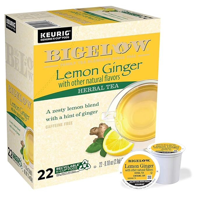Bigelow Tea Lemon Ginger Herbal Tea Keurig K-Cups Pods, Caffeine Free Tea Keurig Tea Pods, 22 Count Box (Pack of 4), 88 Total K-Cups Pods
