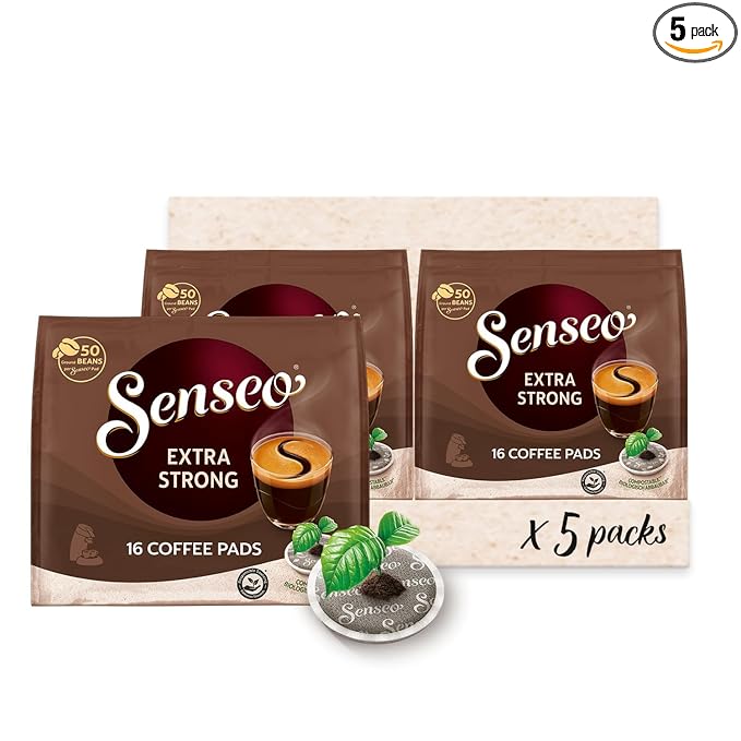 Senseo Extra Strong Dark Roast Coffee Pods, 16 Count (Pack of 5) - Single Serve Coffee Pods Bulk Pack for Senseo Coffee Machine - Compostable Coffee Pods for Hot or Iced Coffee, Cold Brew Coffee