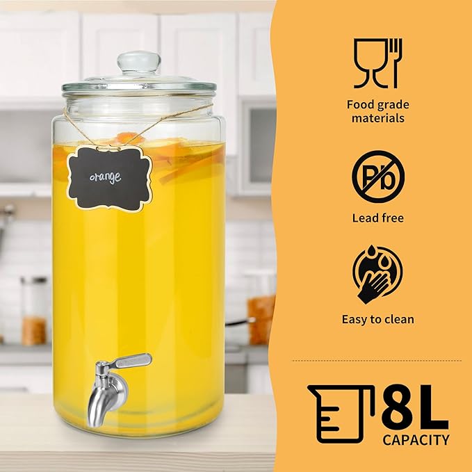 2 Gallon Beverage Dispenser 2 Pack, Stainless Steel Spigot Drink Dispenser for Parties with Stand, Clear Glass Drink Container Easy to Refill and Clean