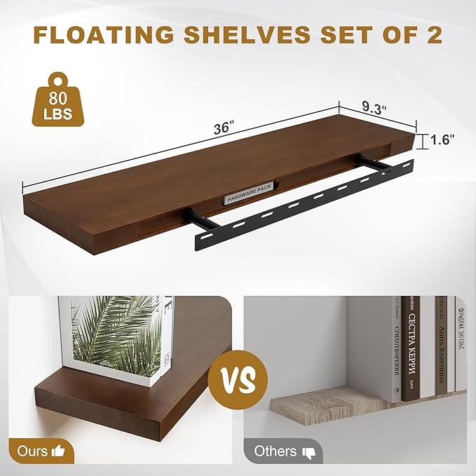Fun Memories Floating Shelves, 9.3'' Deep Solid Pine Wood Wall Shelves for Storage, Wall Mounted Display Shelf with Invisible Heavy-Duty Metal Bracket, 36'' Width Set of 2, Walnut