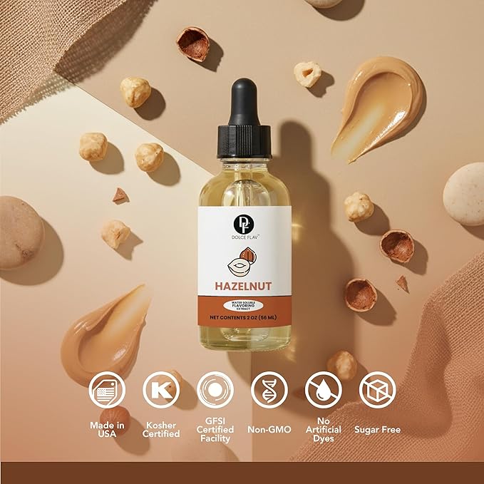 Dolce Flav Natural Hazelnut Extract – 2 Ounce Water-Soluble Kosher, Sugar-Free, Concentrated Toasted Hazelnut Flavoring for Coffee, Baking & Desserts, Includes Measured Dropper