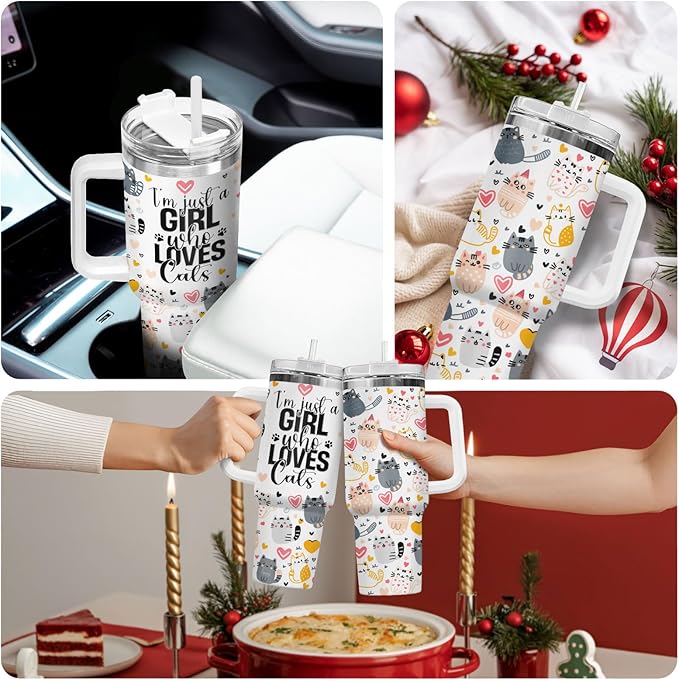 34HD Just A Girl Who Loves Cats Tumbler with Handle and Straw, 40oz Stainless Steel Vacuum Insulated Coffee Mug with Cats, Cat Mom Gifts for Women Birthday Mothers Day Christmas