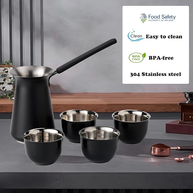 Turkish Coffee Pot Set- Coffee Maker, Briki Greek Turkish Pot with 4 Small Cups, Arabic Tea Pot, Cezve/Ibrik Coffee Pot for Stovetop(1 pot and 4 small cups)
