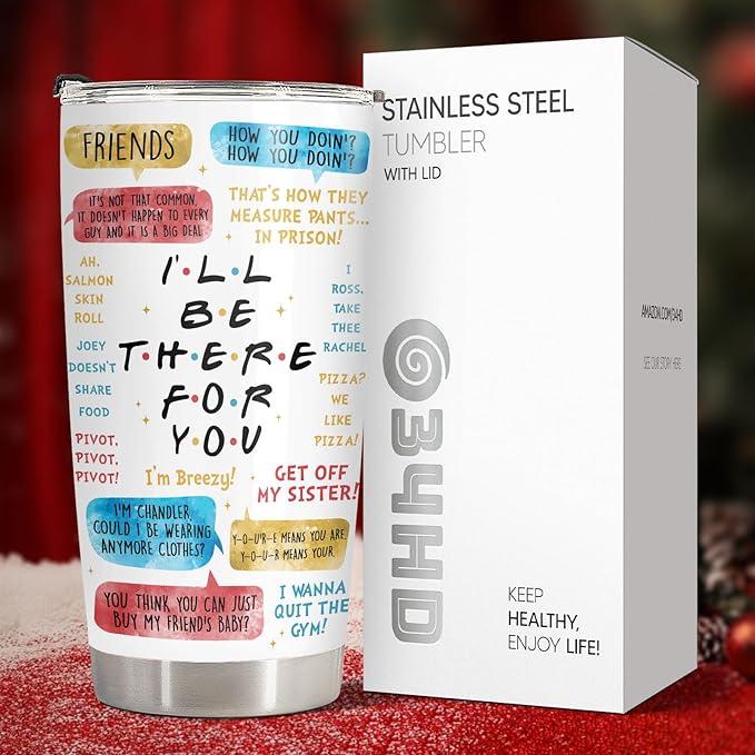 34HD Friends TV Show Tumbler 20oz – I'll Be There For You Quote – Insulated Stainless Steel Travel Mug for Hot and Cold Drinks – Funny Gift for Women and BFF Fans Christmas Gift
