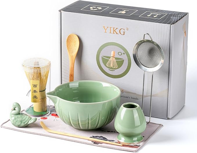 Matcha Whisk Set - 8PCS Japanese Tea Set Includes Matcha Bowl, Bamboo Whisk with Ceramic Holder, Bamboo Scoop, stainless steel sifter, tea towel, handle scoop,Matcha Kit for Ceremony(Green/8PC)