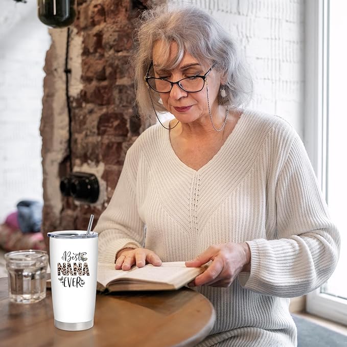 Nana Christmas Gifts, Nana Gifts for Grandma, Birthday Gift for Grandma from Grandchildren, Grandkids, 20 oz Stainless Steel Tumbler With Lid & Straw