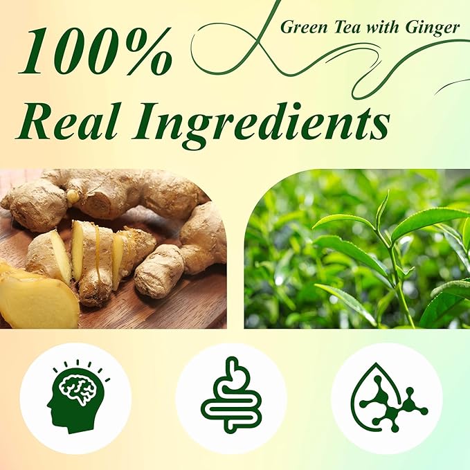 WT WEETEE Green Tea with Ginger, 100 Count Real Ginger & Premium Green Tea Bags | Warm & Strong, No Flavorings | Digestive Comfort & Light Energy