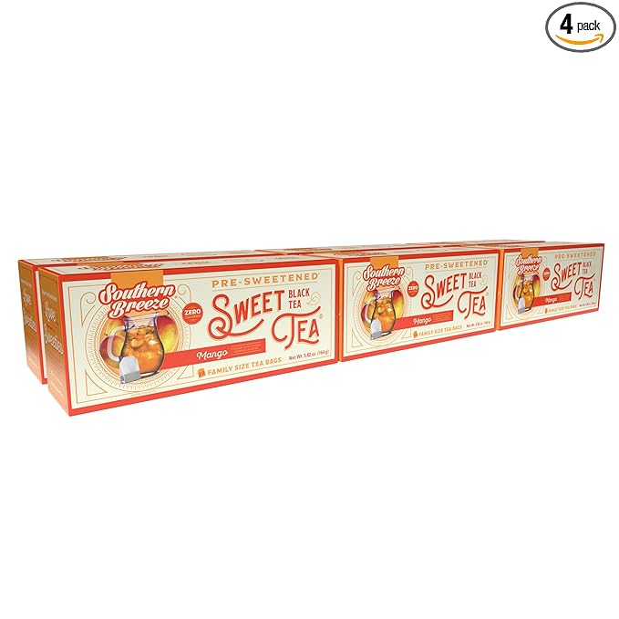 Southern Breeze Hot Brew Sweet Tea Mango Iced Tea with Black Tea and Zero Carbs Zero Sugar, 22 Individually Wrapped Family Size Tea Bags, Pack of 6