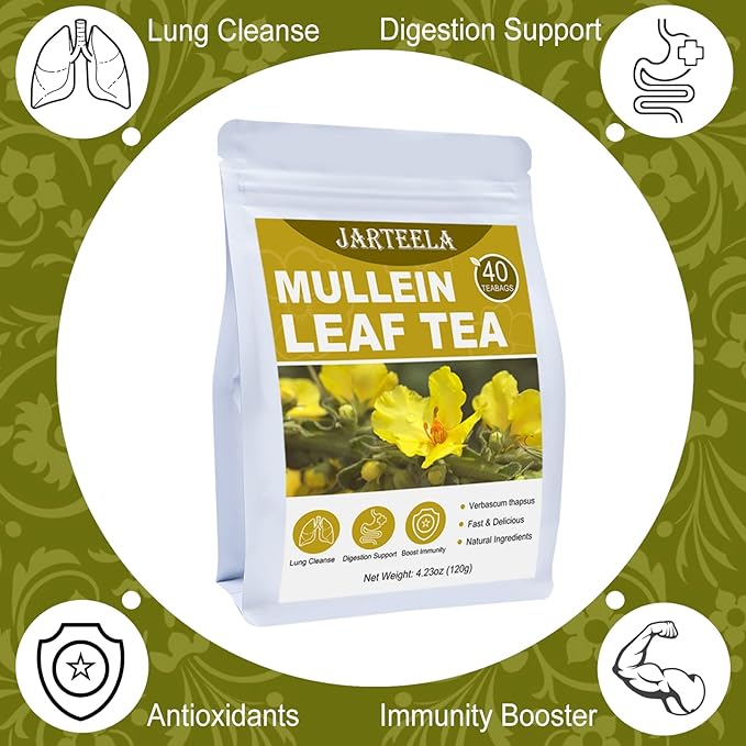 Jarteela - Mullein Leaf Tea Bags - 3g/Bag X 40 - Premium Compressed Dried Mullein Herbs For Easily Extracting & Great Flavor - Non-GMO - Caffeine-free