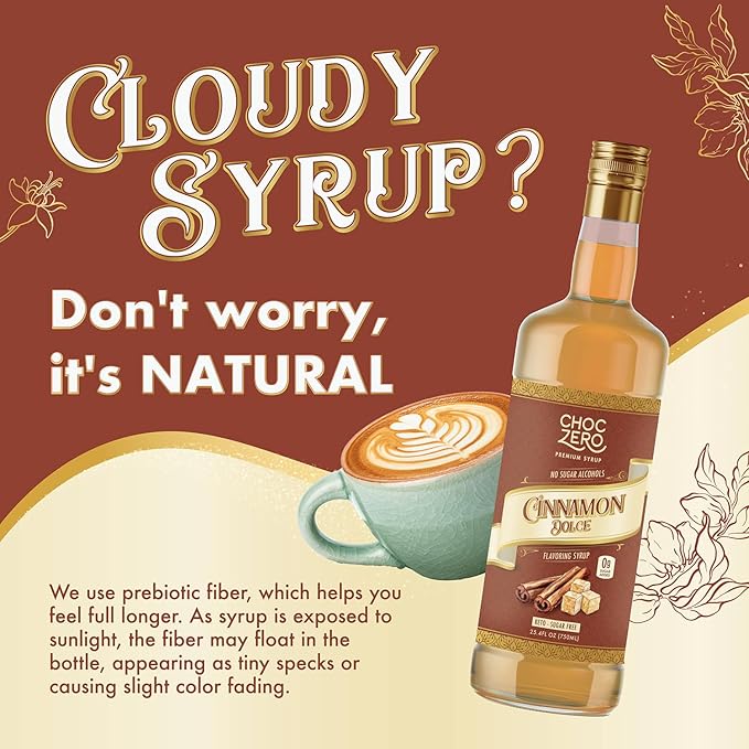 ChocZero Sugar Free Coffee Syrup, Cinnamon Dolce Flavor, Simple Syrup Drink Mix, Brown Sugar Latte, Protein Shakes & Baking, Gluten Free, All Natural, 25.4 Ounces (Pack of 1)