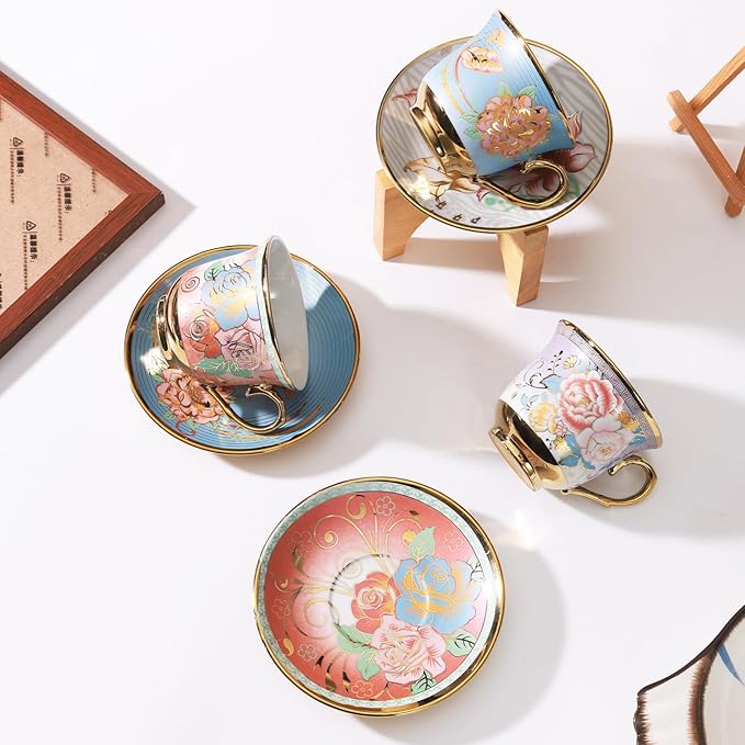 Tea Cups and Saucers, Tea Cup Set of 6, 8 OZ Floral Cups Porcelain Cup Set for Cappuccino, Coffee, Afternoon Tea Birthday Party Supply Christmas gift