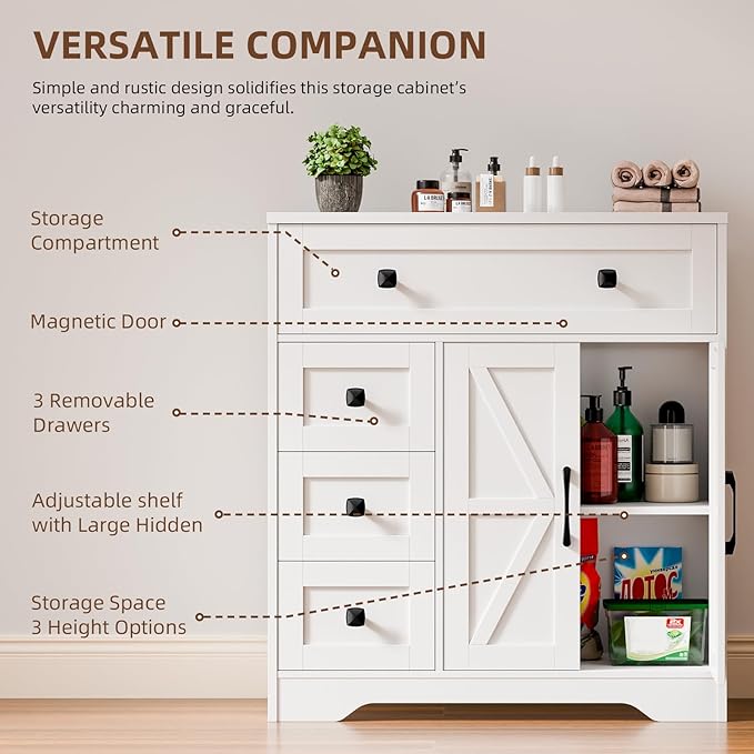 Vabches Farmhouse Storage Cabinet with 2 Doors and 4 Drawers, Freestanding Bathroom Storage Cabinet Kitchen Pantry, Floor Hutch Cupboard for Living Room/Bathroom/Kitchen,(Unique White)