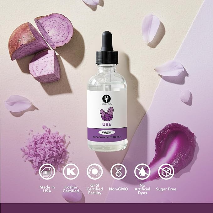 Dolce Flav Clear Ube Extract - 2 Ounce Water-Soluble Multipurpose Purple Yam Flavoring Ideal for Ice Cream, Cookies, Boba, Coffee & Pastries, Includes Measured Dropper