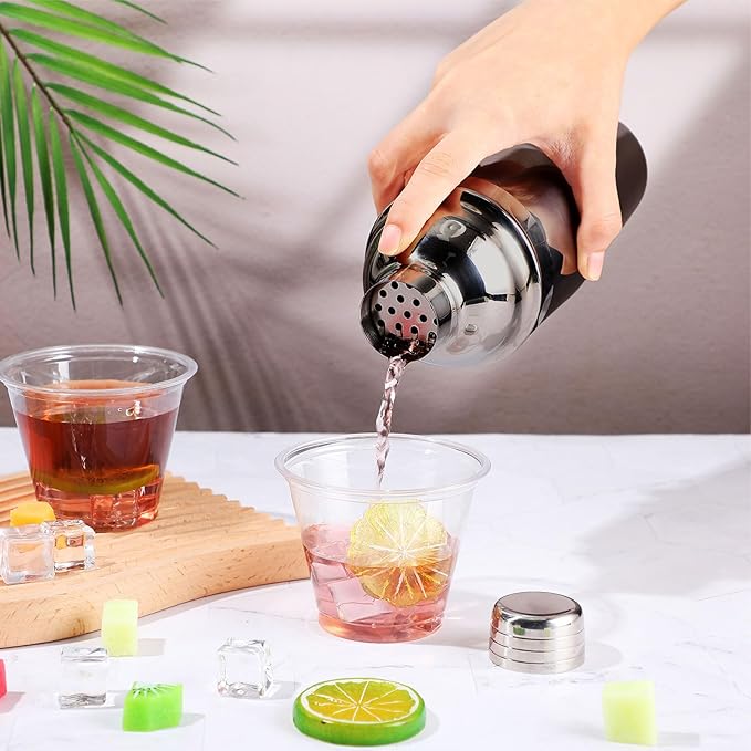 Nitial 9 Pcs Bar Cocktail Shaker Professional Stainless Steel Martini Drink Mixer Built-in Strainer for Bartending No Leaks Boston Shaker for Bar Party Drink Tool (Black,18.6 oz)
