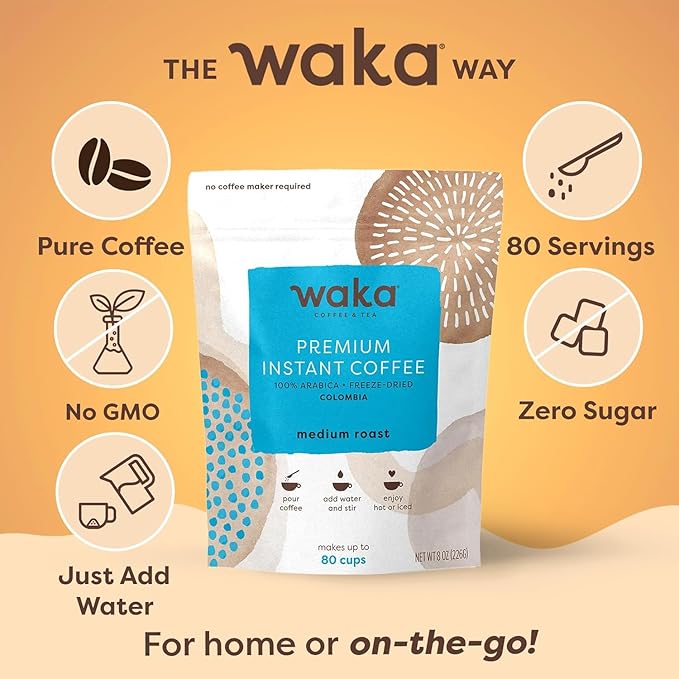 Waka Premium Instant Coffee Pouch — 100% Colombian Arabica Freeze Dried Beans — For Hot or Iced Coffee (8 Ounces, Medium Roast)