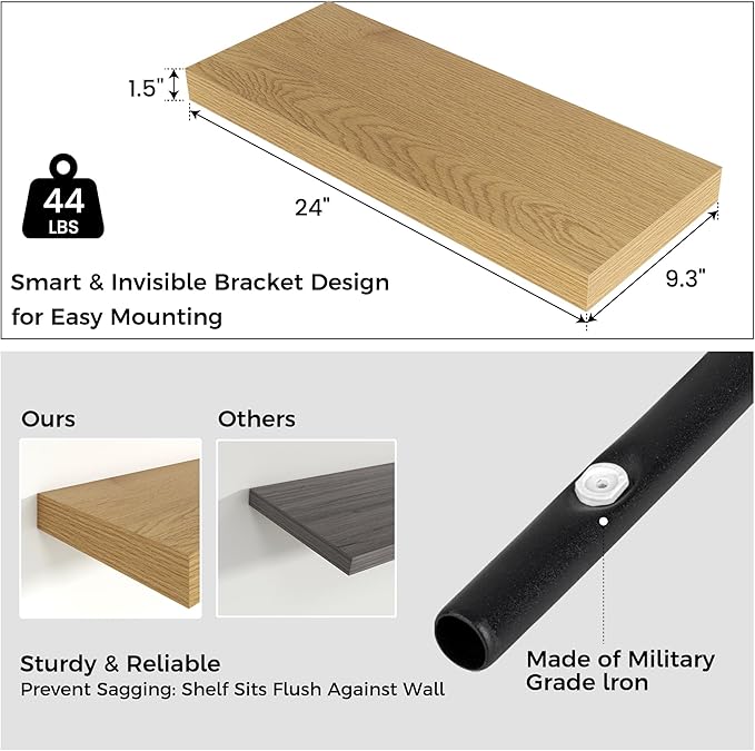Floating Shelves for Wall, Engineered Wood Wall Shelves with Invisible Brackets for Living Room Bedroom Bathroom Office Kitchen Decor and Storage (Oak, 24" W x 9" D x 1.5" H) Set of 2