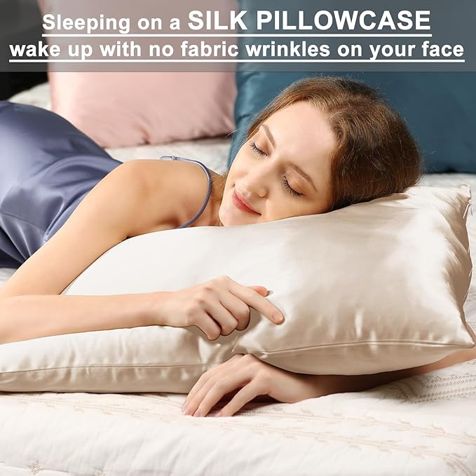 Ravmix Silk Pillow Cases with Zipper, 21 Momme Mulberry Silk Pillowcase for Hair Skin Health, Soft Smooth Breathable Cool Pillow Cover for Beauty Sleep with Gift Box(Standard 20"x26", Beige) 1PC