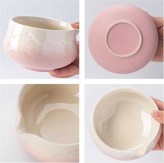 TEANAGOO 7 Pcs Matcha Whisk Set, Pink Matcha Set, Ceremony Matcha Powder Kit,Matcha Tea Set for Making Latte,Matcha Whisk Set and Bowl with Scoop&Sifter,Fuji Design Ceramic Bowl,Gift for Matcha Lovers