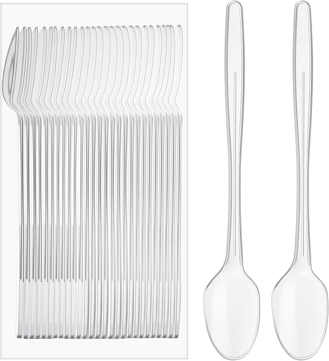 50 Pcs Extra Long Spoons for Ice Cream Floats Plastic Sundae Spoons Bulk 8 Inch Long Handle Spoon Heavy Duty for Ice Cream Milkshakes Tea Cocktails Root Beer Float and Tall Beverages (Clear)