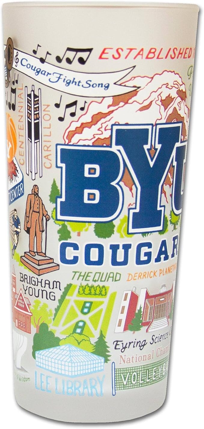 Catstudio Drinking Glass, Brigham Young University Glass Cup for Kitchen, 15oz Dishwasher Safe Tumbler for BYU Alumni
