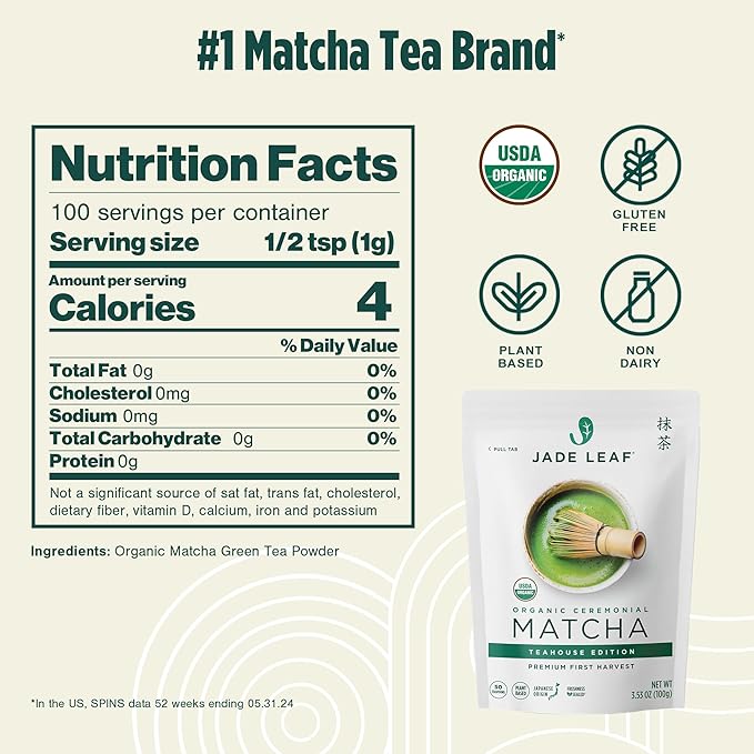 Jade Leaf Matcha Organic Premium Ceremonial Grade Matcha Green Tea Powder - Japanese - Culinary, Ingredient, Ceremonial Barista Teahouse, Latte, Collagen, 3.53 Ounce (Pack of 1), Ceremonial Teahouse Tin