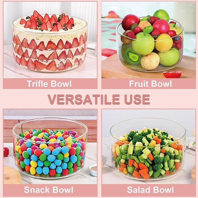 10 inch Large Salad Bowl, Trifle Bowl Glass 215OZ, Versatile Mixing and Serving Bowl for Laying Ice Cream,Cake,Cupcake,Salad,Fruit,Baking,Dessert and Party Diy, Microwave Safe