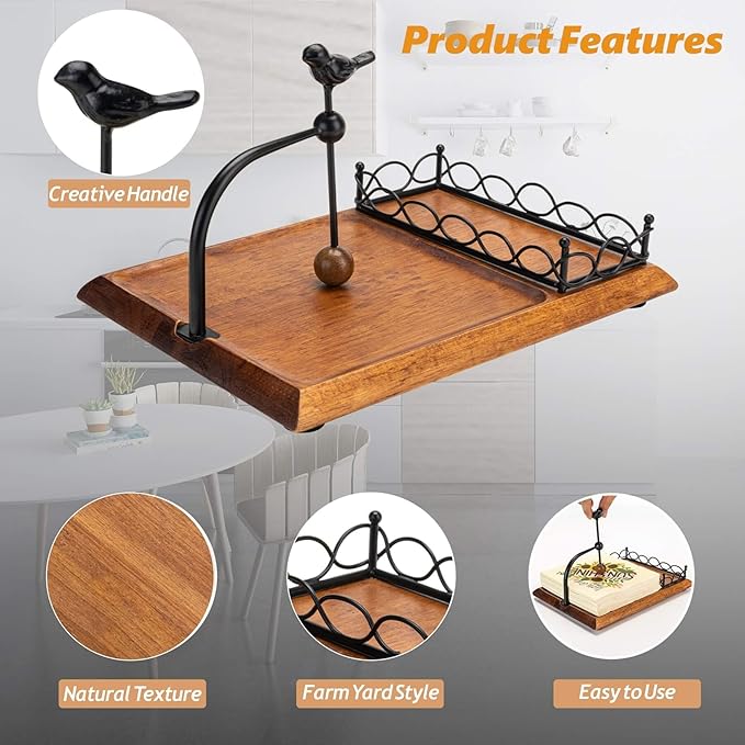 Elegant Flat Wooden Napkin Holder, Multifunctional Farmhouse Black Napkin Holder for Table, Kitchen, Outdoor Use, Includes Space for Salt and Pepper Shakers(Seasoning Jar Not Included)