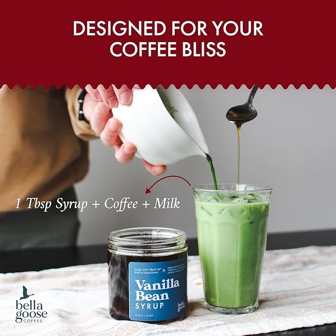 Bella Goose Vanilla Bean Coffee Syrup Jar (16oz) - Homemade Pure Cane Sugar Syrup for Lattes, Mocha, Desserts, & Ice Cream - Clean Ingredient - No Artificial Flavors, Oils, Dyes, or Preservatives Syrups for Coffee Drinks