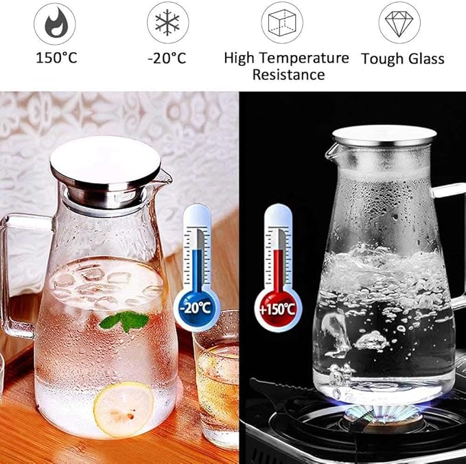 Hwagui - Large Heat Resistant Glass Pitcher with Stainless Steel Lid, Water Carafe with Handle, Good Beverage Pitcher for Homemade Juice and Iced Tea, 1800ml/61oz