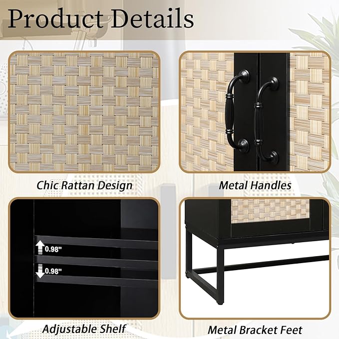 Kitchen Buffet Cabinet with 4 Rattan Decorated Doors, 59" Boho Cupboard with Metal Feet, Accent Buffet Console Storage Credenza for Living Room, Dining Room, Hallway, Office, Black