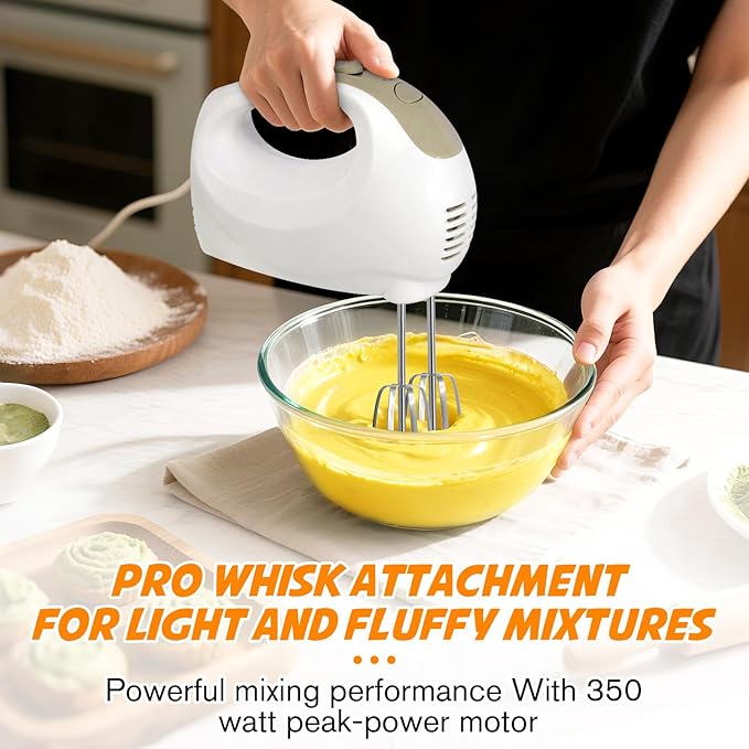 Handmixer - 5 Speed Portable Kitchen Mixer Electric Handheld with 5 Stainless Steel Accessories Whisk, Food Beater, ‌Ivory