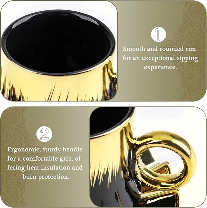 Goldmeet 6-Piece Turkish Coffee Cup Set, 3.5oz Elegant Ceramic Tea Cups with Saucers for Cappuccino Latte, Espresso Cup Set with Gift Box for Home & Cafe Use, Black Gold Luxury Design