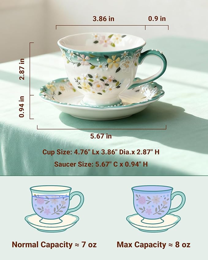 Exquisite Bone China Tea Cups and Saucer Set – Elegant Porcelain Tea Cups, Beautifully Detailed for Tea Lovers, Gift-Ready for Christmas, Hostess, Holiday Gift & Fall Decor