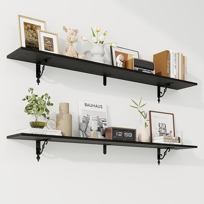RICHFOCUS Floating Shelves for Wall Decor, 55.1W x 8D Shelves Set of 2, 8 Inch Deep Rustic Wood Shelves Wall Mounted with Brackets, Long Floating Shelves for Living Room Bedroom Kitchen, Black