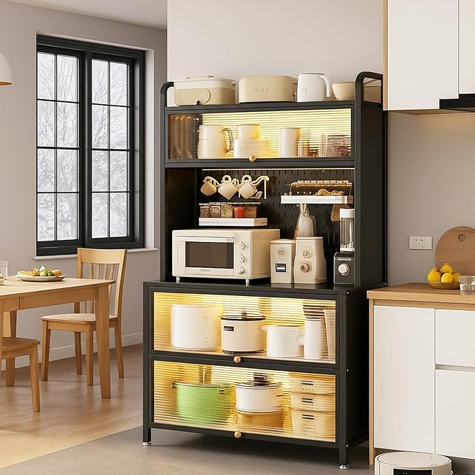 Bakers Rack with Wheels, 5-Tier Coffee Bar with Wheels, Microwave Stand with Storage, Kitchen Shelves for Kitchen Pantry, Storage Room, Black