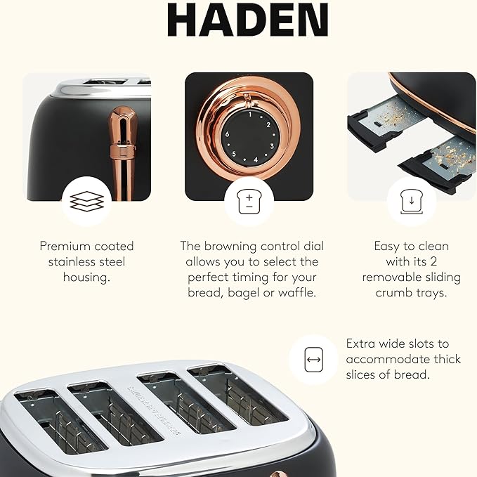 HADEN Heritage 4-Slice Toaster with Extra Wide Slots, 1500-Watt, Black & Copper - Retro Stainless Steel Design with Self-Centering Function, Adjustable Browning Control & Removable Crumb Tray