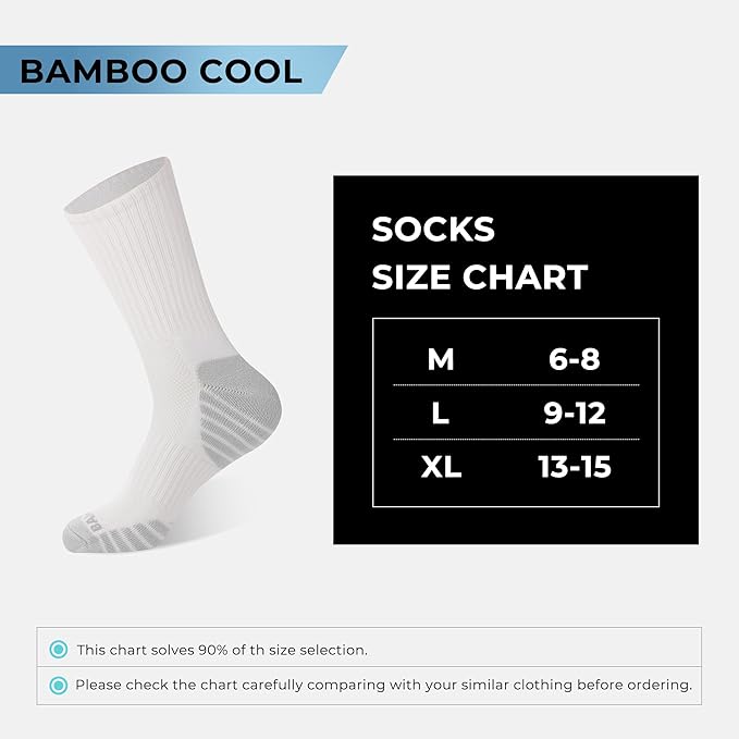BAMBOO COOL Men's Crew Socks Athletic Running Sports Socks, Cushioned Moisture Wicking, Breathable Arch Support 6 Pack