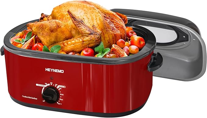 24Qt Turkey Roaster Oven Buffet with Self-Basting Lid, 1450W Electric Roaster Oven with Cool-Touch Handles, Stainless Steel，Removable Pan and Rack, Red
