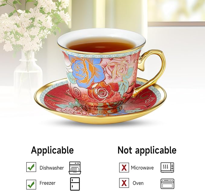 Tea Cups and Saucers, Tea Cup Set of 6, 8 OZ Floral Cups Porcelain Cup Set for Cappuccino, Coffee, Afternoon Tea Birthday Party Supply Christmas gift