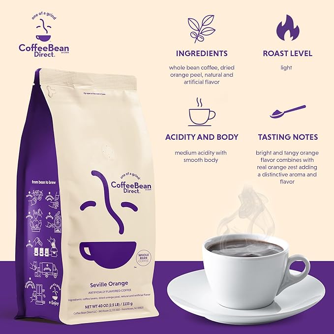 Coffee Bean Direct Seville Orange Flavored, Whole Bean Coffee, 2.5 Pound Bag (Pack of 1)