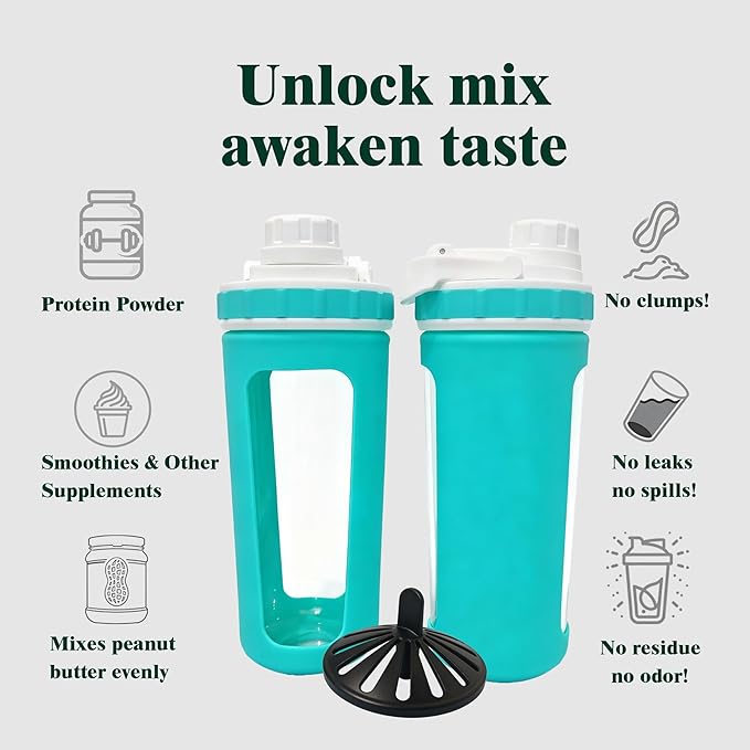 Glass Shaker Cup Odorless BPA Free– Glass Shaker Bottle for Protein 26oz Durable Borosilicate Glass, Leak-Proof & BPA-Free – Ideal for Creamy Protein Shakes, Smoothies & Workout Drinks (Mint)
