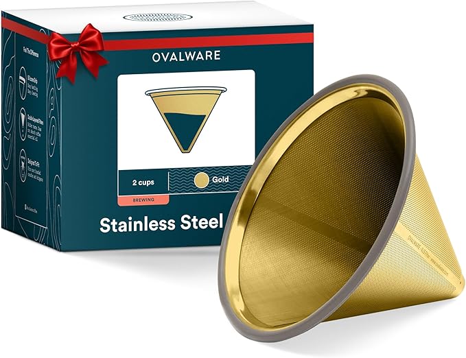 OVALWARE Paperless Stainless Steel Pour Over Coffee Filter – Reusable and Permanent Coffee Cone Dripper for Ovalware, Chemex, Hario and Other Carafes (Titanium Gold)