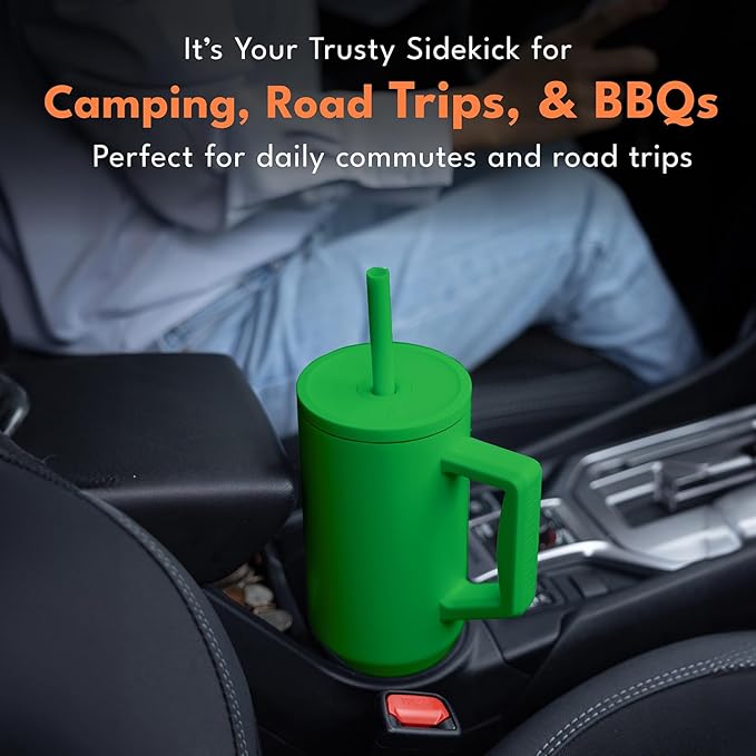 Elemental 40 oz Tumbler with Handle and Straw - Spill Proof Insulated Stainless Steel Commuter for Hot and Cold Beverages - Travel Coffee Mug with 2 Straws & Spill Proof Lid - 40oz - Green