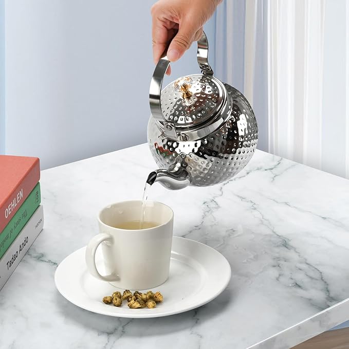 Hammered Tea Kettle, Stainless Steel Tea/Coffee Pot Loose Leaf Teapot for Tea, Milk, Coffee, 1.2L Teapot with Strainer Stovetop Tea Kettle, Outdoor Travel Supplies, Gift For Tea (Silver)