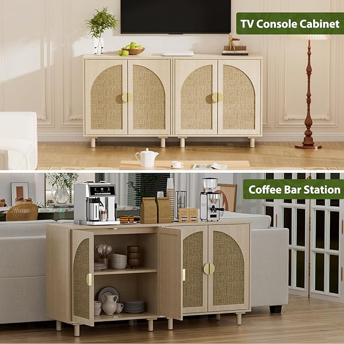Rattan Sideboard Cabinet with Doors and Adjustable Shelves, Boho Entryway Cabinet, Wood Storage Cabinet for Living Room, Kitchen, Entryway (Beige)