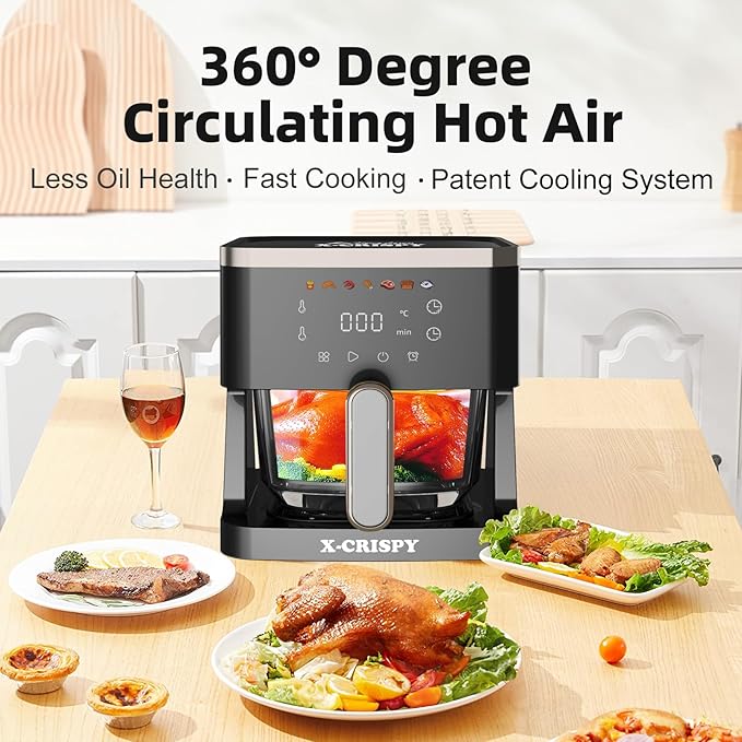 APSARAS USA Air Fryer Glass, 5.2QT Convection Oven Glass Air Fryer Non Toxic, Healthy Kitchen Bake,Grill,Steam Broil, & Roast -Includes Bowl,Broil Rack,Toasting Rack & More 97% Less Oil